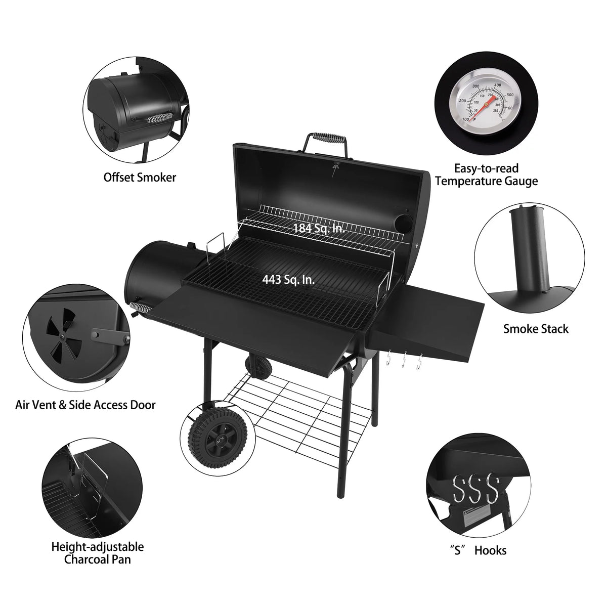 Steel Charcoal Grill with Offset Smoker A800