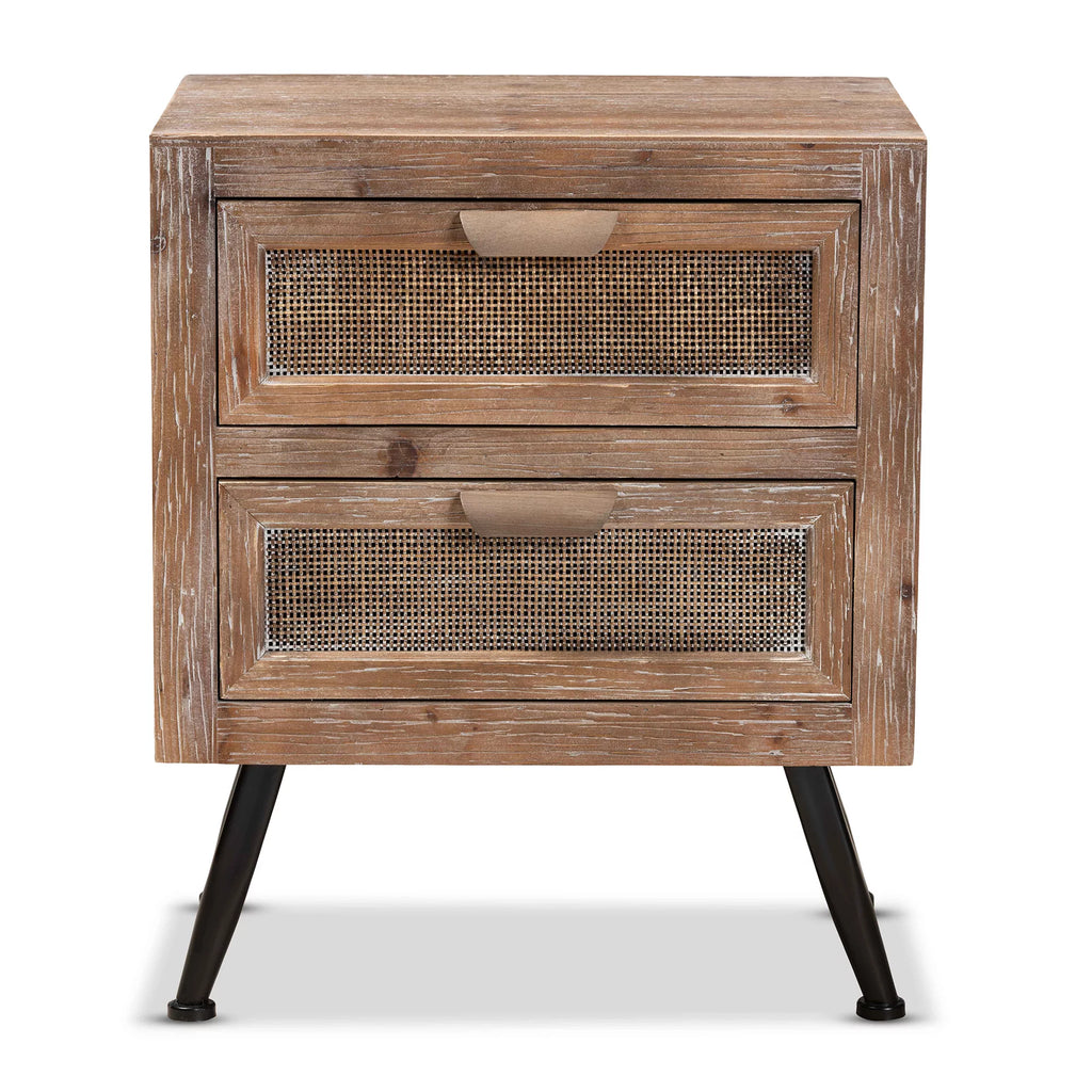 Whitewashed Natural Brown Wood and Rattan 2-Drawer End Table E327746