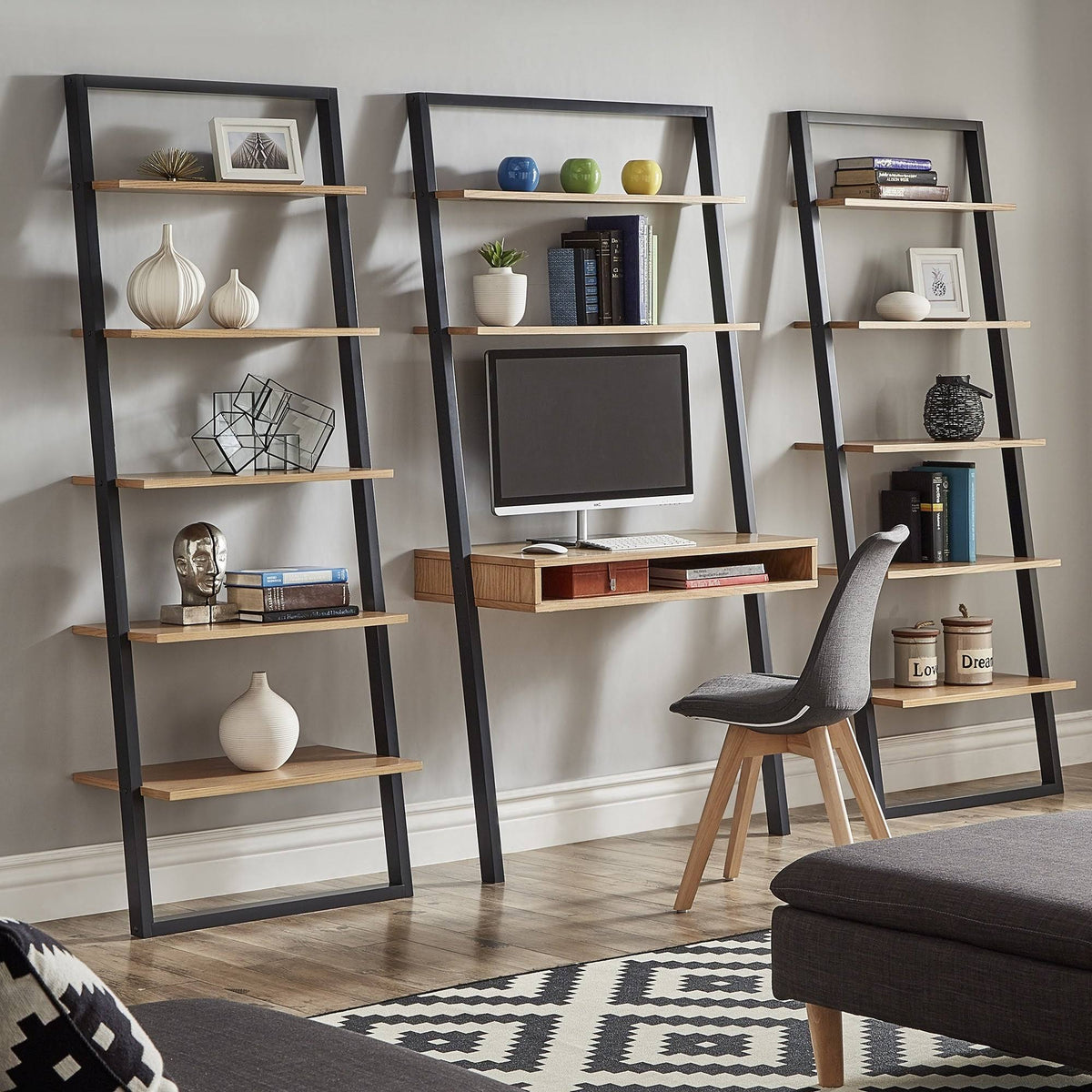 Leaning Ladder Shelves Natural and White O5214