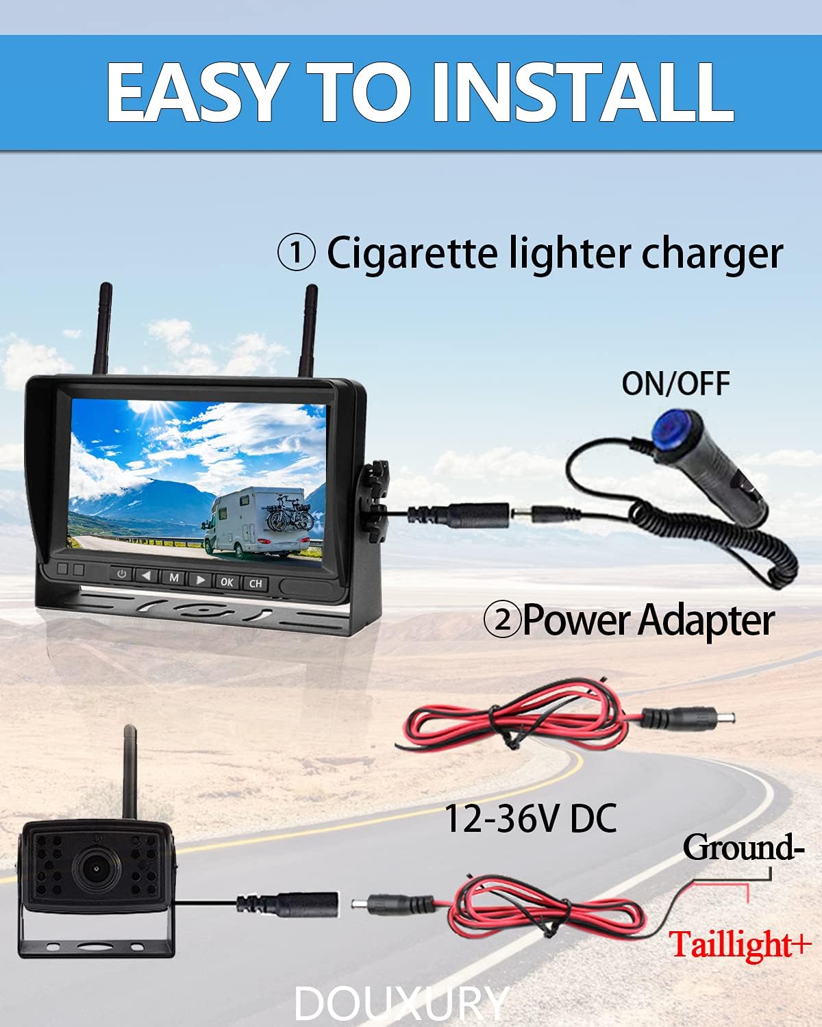 Wireless Backup Camera IP69 Waterproof 170° Wide View Angle HD 1080P with 7 Monitor D664529