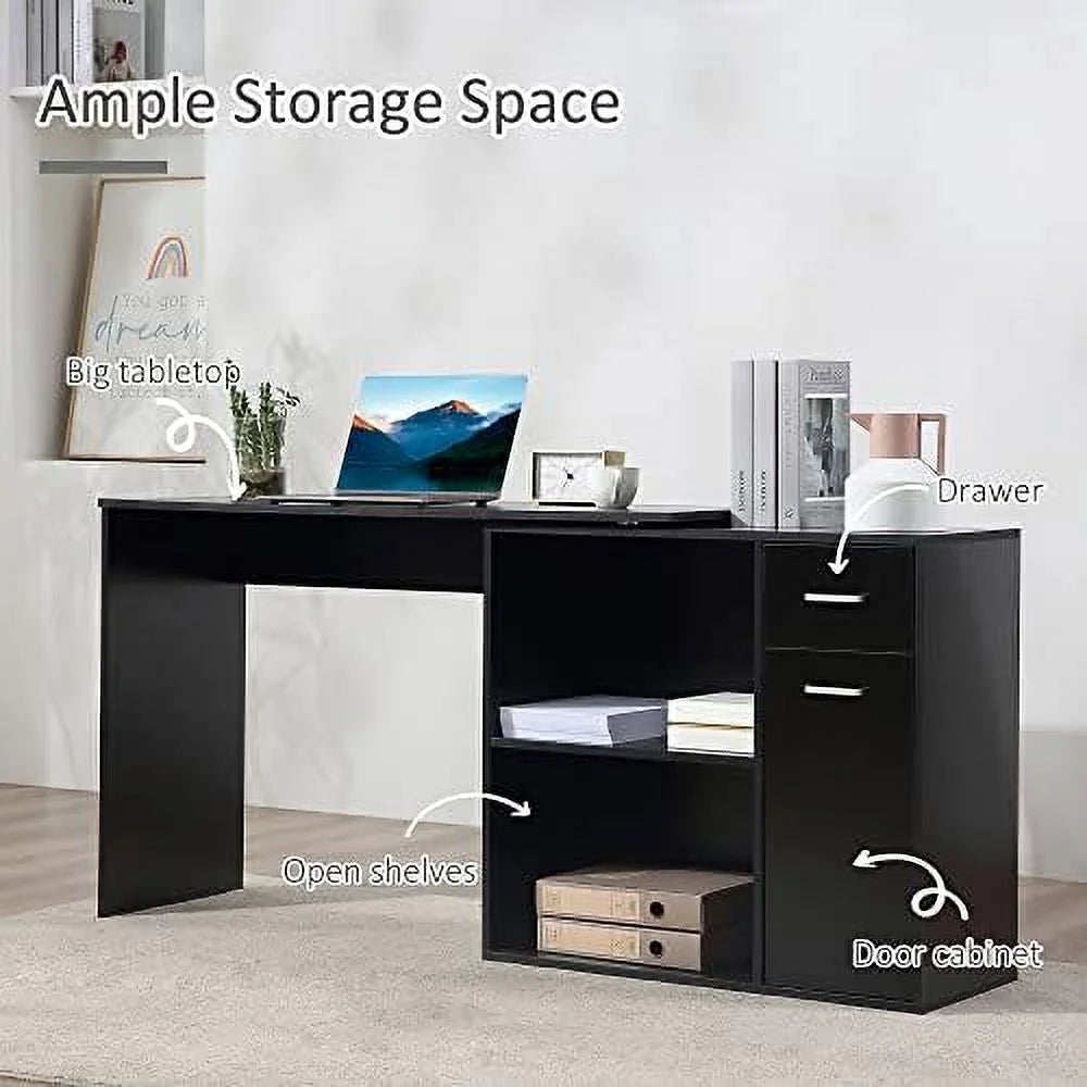 L Shaped Computer Desk with Shelves Drawer and Cabinet White E503