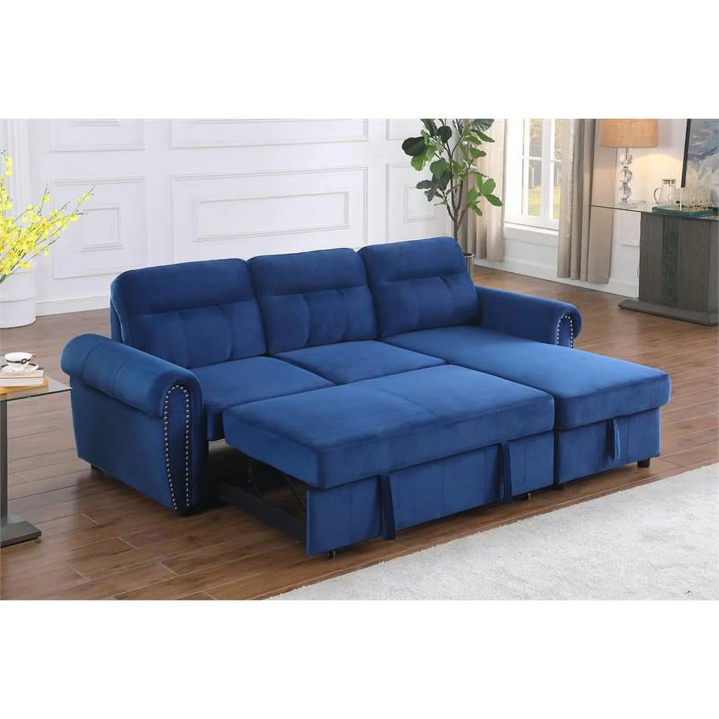 Blue Velvet Reversible Sleeper Sectional Sofa Chaise G74413