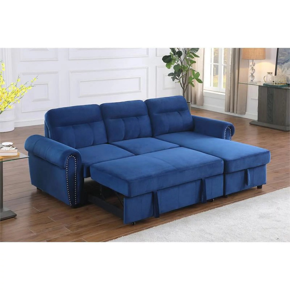 Blue Velvet Reversible Sleeper Sectional Sofa Chaise G74413