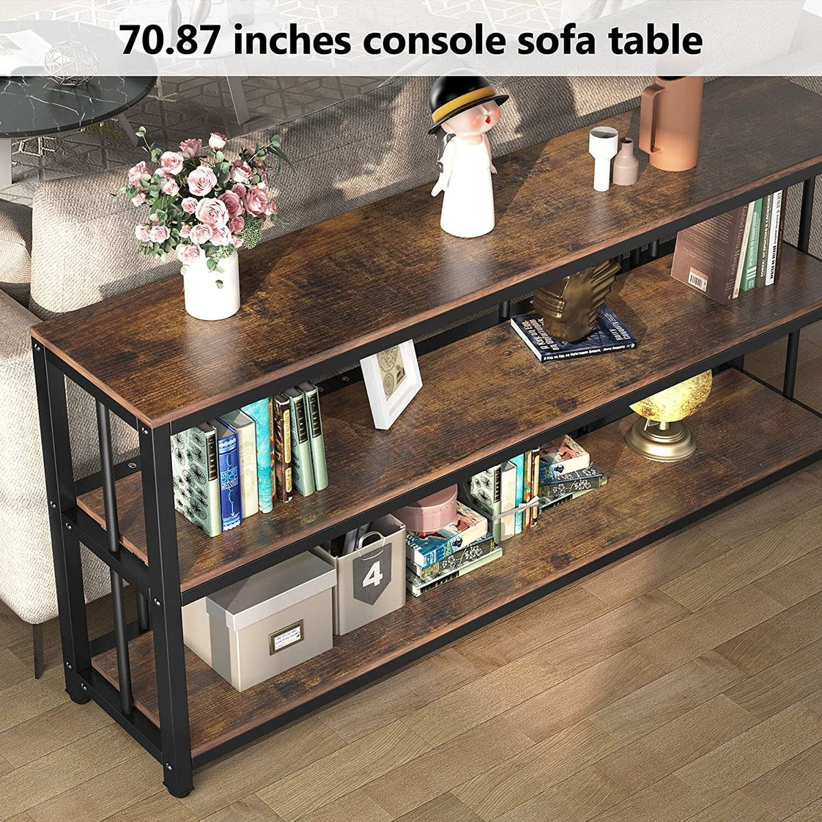 Narrow Long Sofa Table with Storage Shelves Rustic Brown L477417