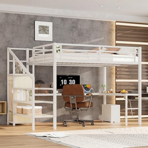 Queen Metal Loft Bed with Desk, Wardrobe, USB Ports, LED Lights, Shelves, White L86483