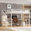 Queen Metal Loft Bed with Desk, Wardrobe, USB Ports, LED Lights, Shelves, White L86483