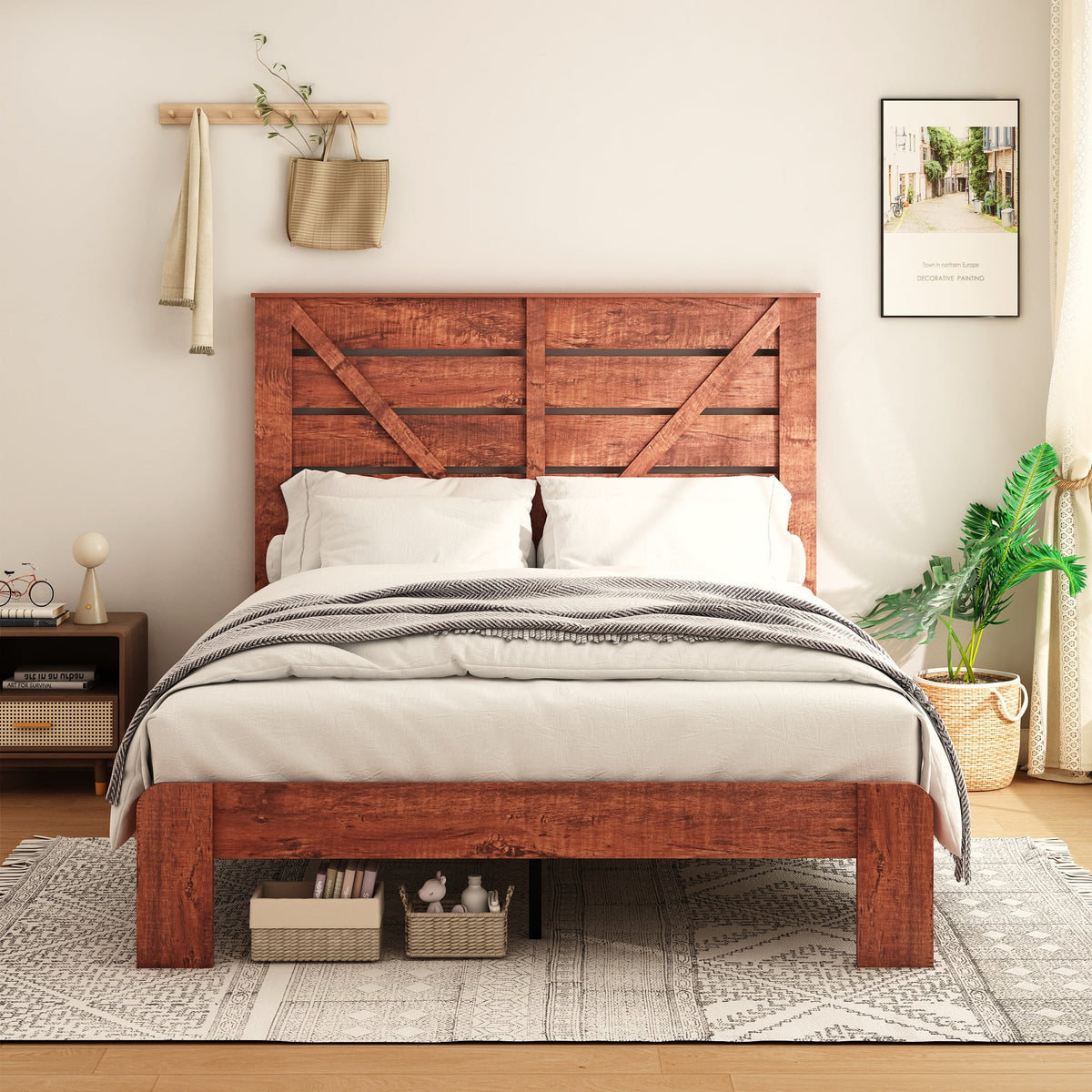 Queen Size Dark Brown Wood Bed Frame with Headboard F496846