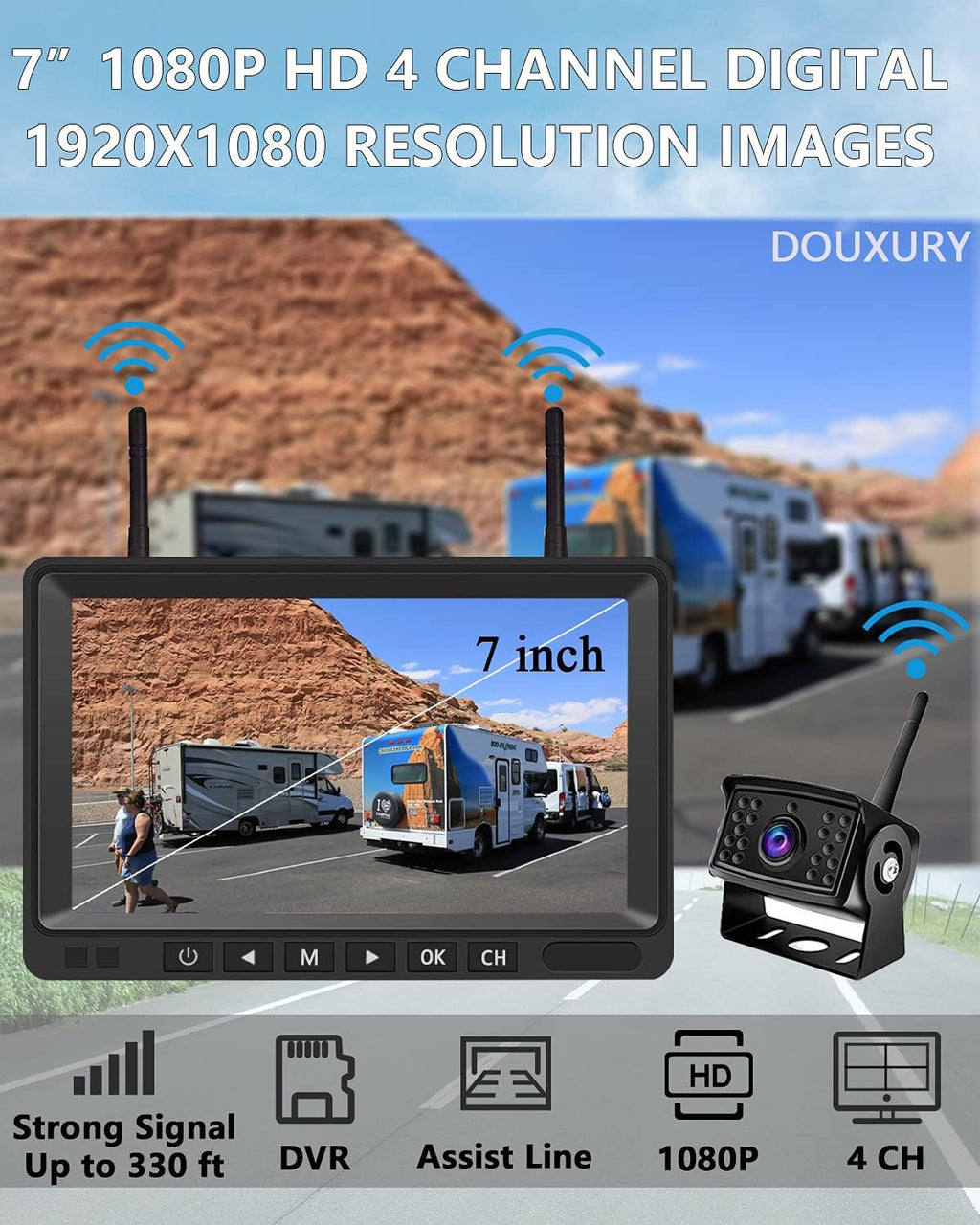 Wireless Backup Camera IP69 Waterproof 170° Wide View Angle HD 1080P with 7 Monitor D664529
