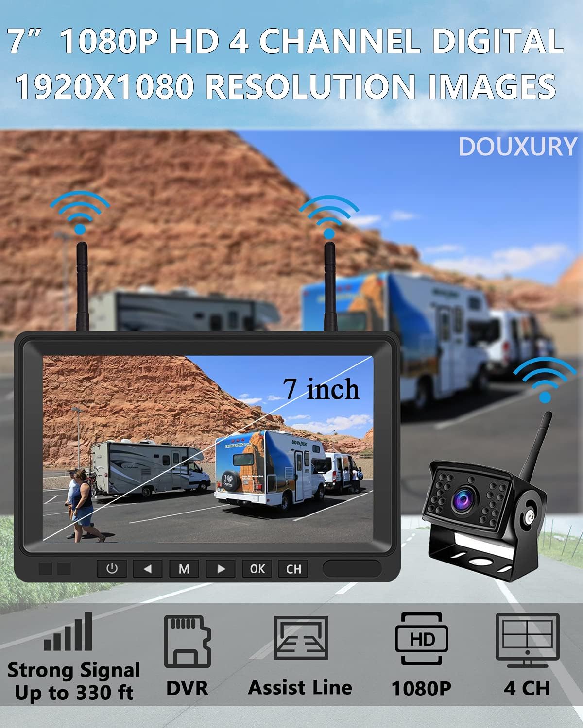 Wireless Backup Camera IP69 Waterproof 170° Wide View Angle HD 1080P with 7 Monitor D664529