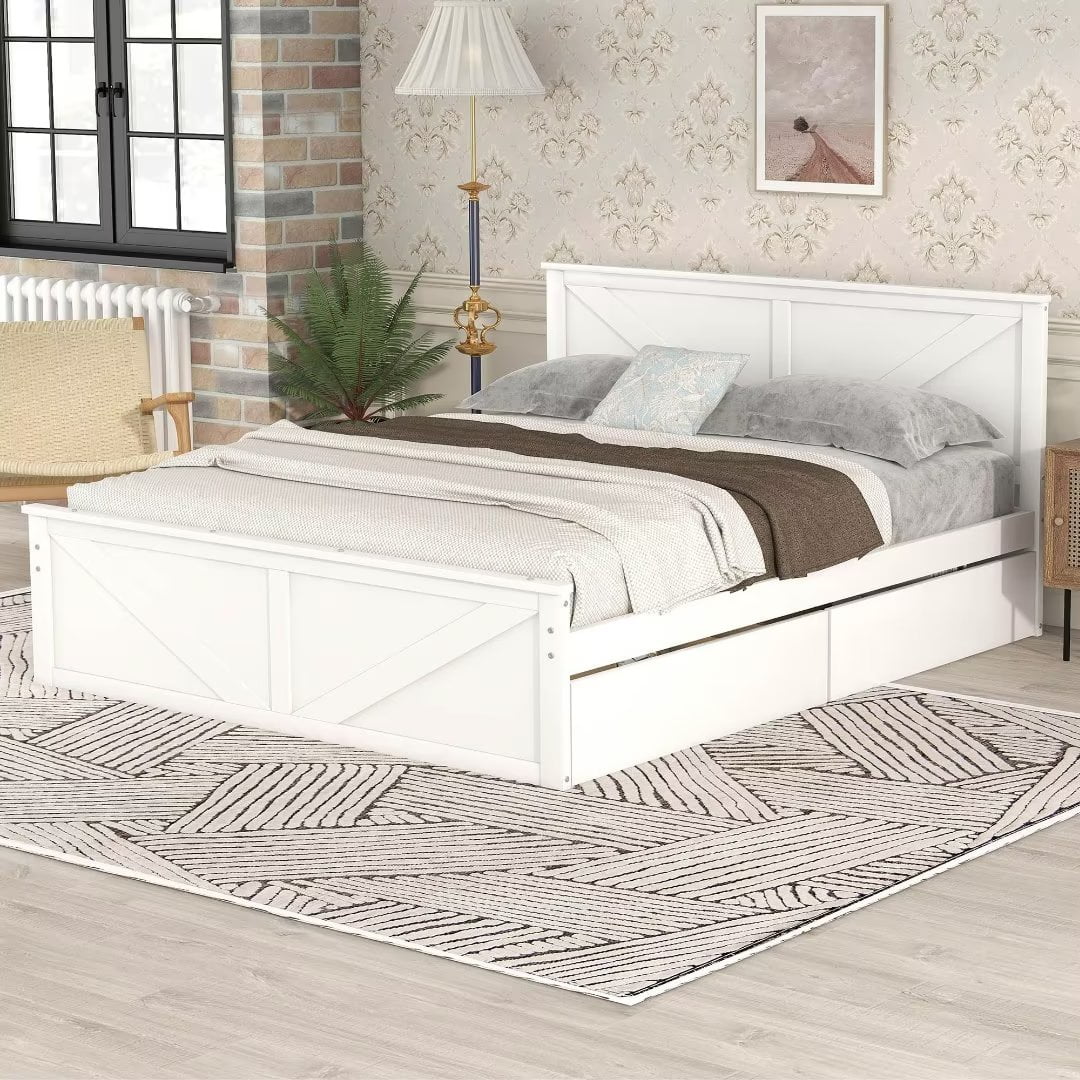 Queen Size White Wooden Platform Bed with 4 Storage Drawers J1170