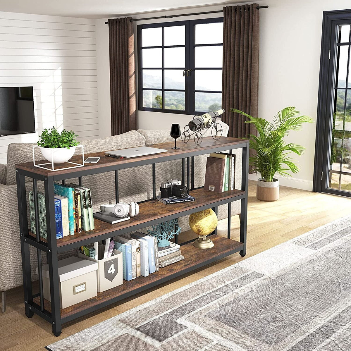 Narrow Long Sofa Table with Storage Shelves Rustic Brown L477417