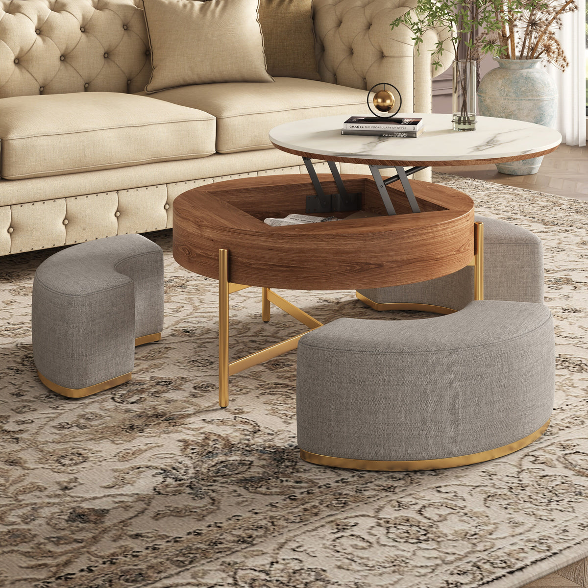 Lift Top Nesting Coffee Table with Storage and 3 Stools G33639