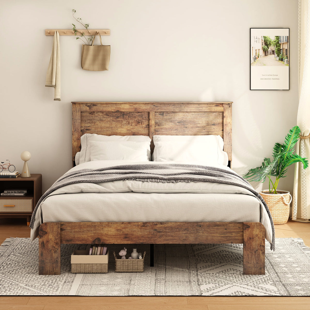 Queen Size Dark Brown Wood Bed Frame with Headboard F496846