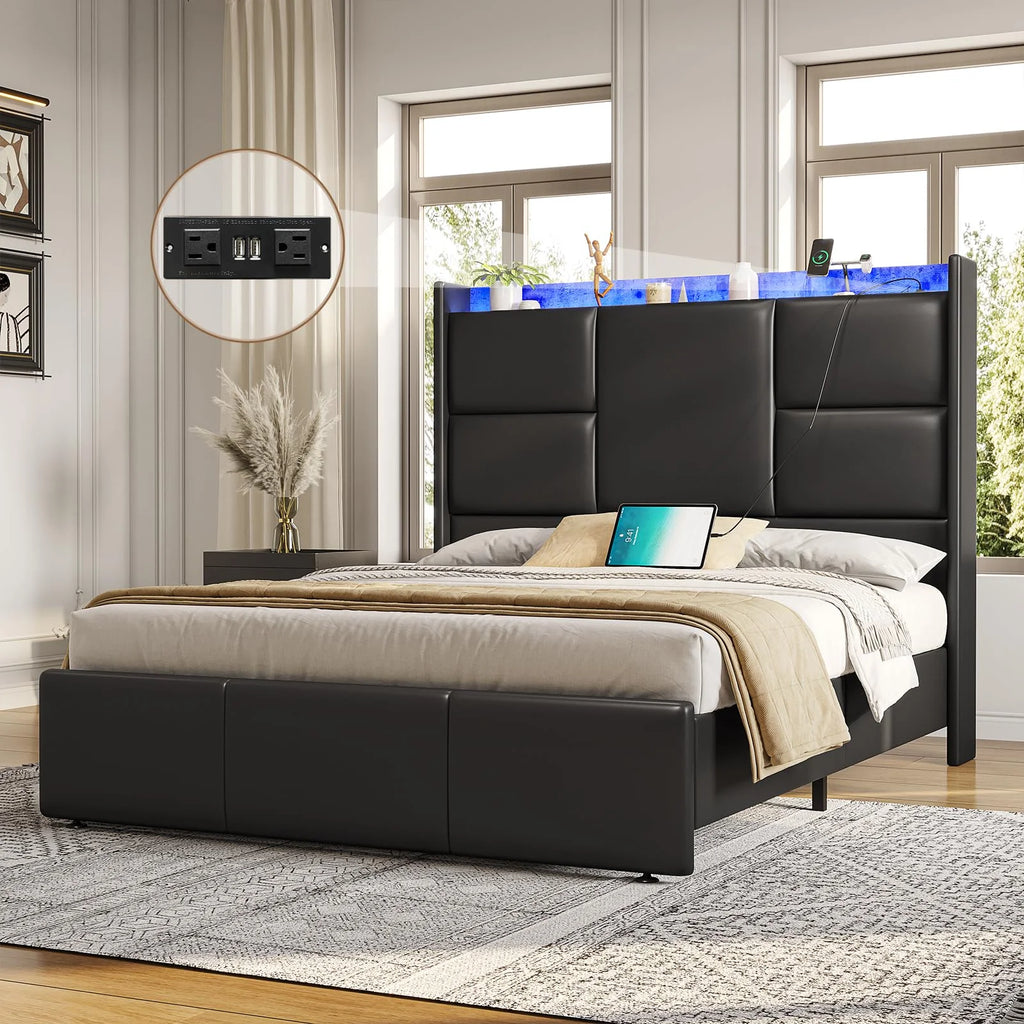 Queen Platform Bed Frame with High Headboard and Charging Station L67645