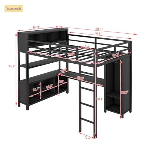 Full Size White Metal Loft Bed with L Shaped Desk and Wardrobe B699