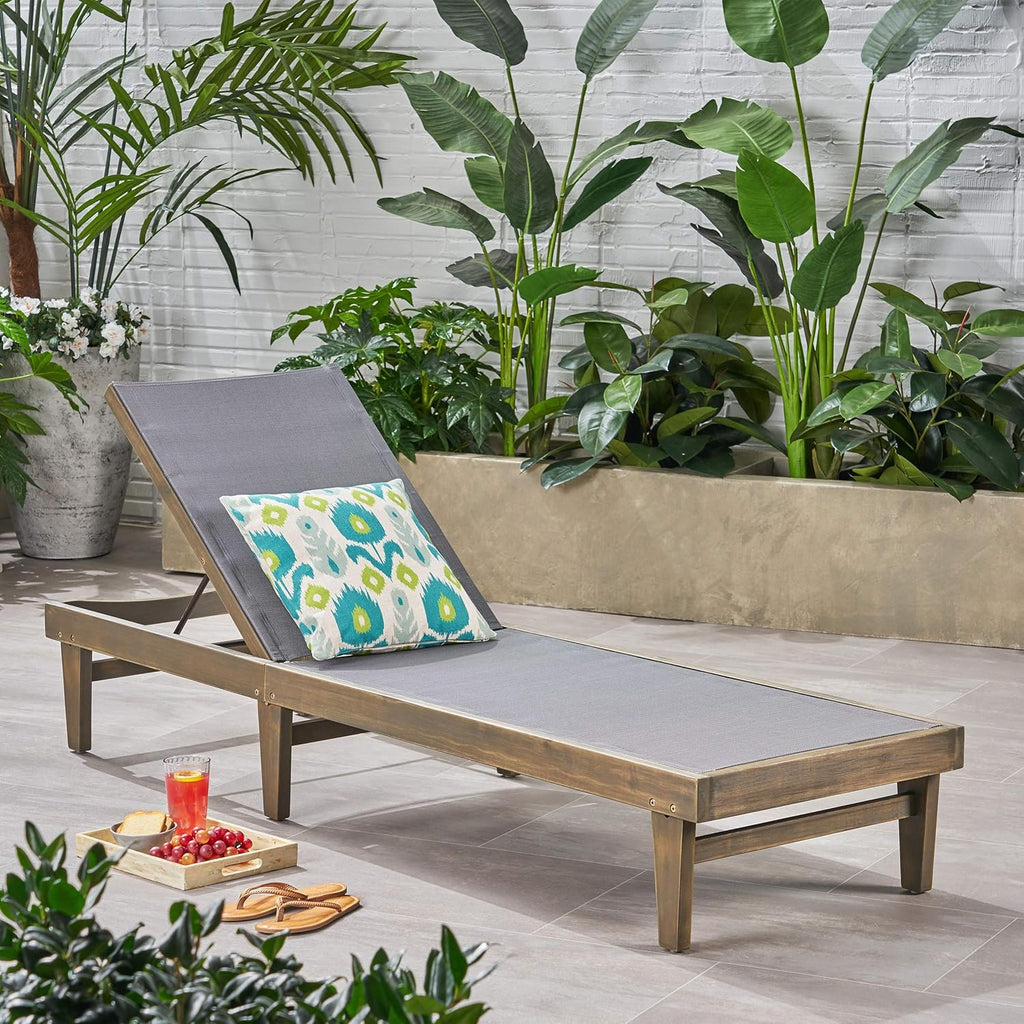 Outdoor Mesh Chaise Lounge with Acacia Wood Frame P178662