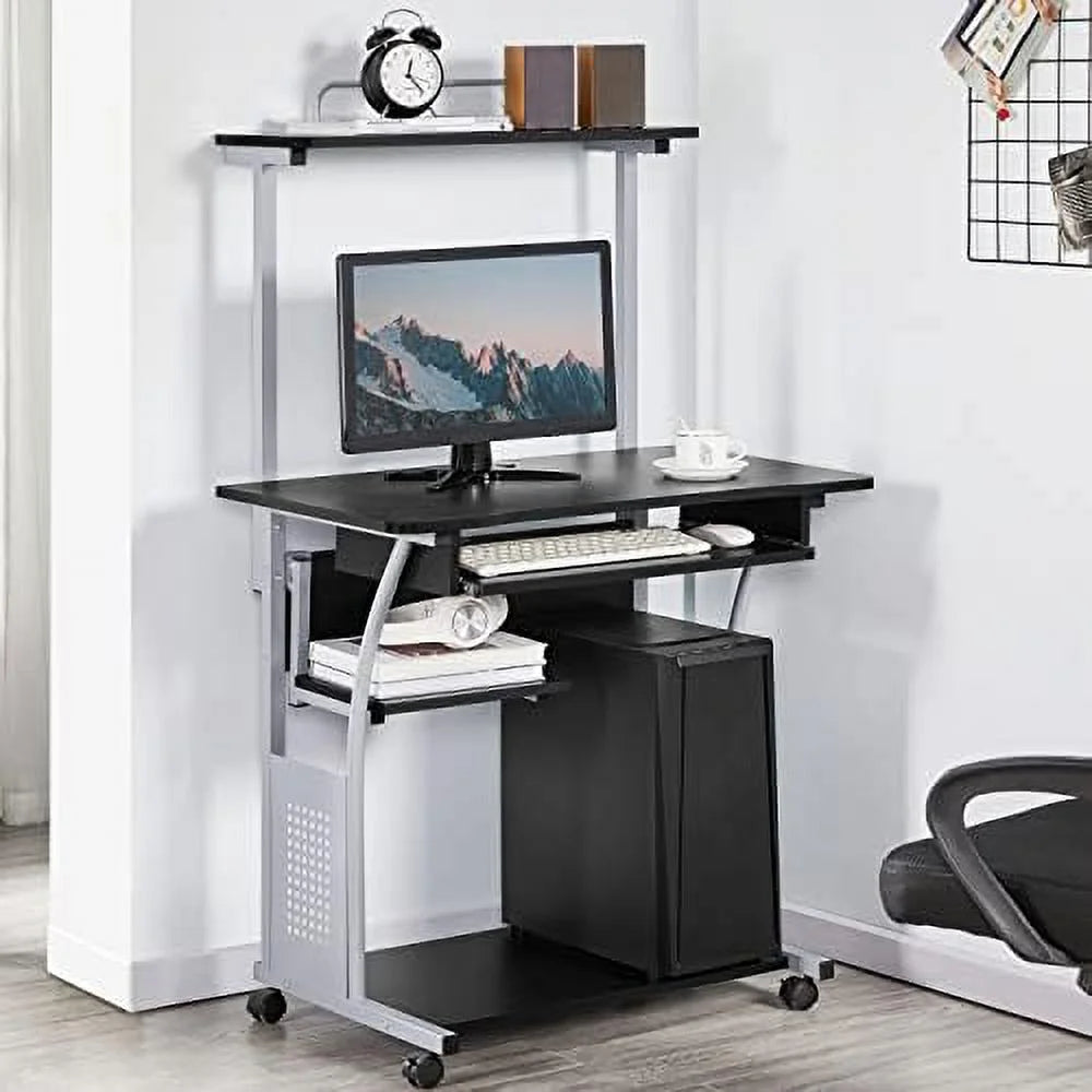 Black 3 Tier Computer Desk with Printer Shelf and Keyboard Tray E7822
