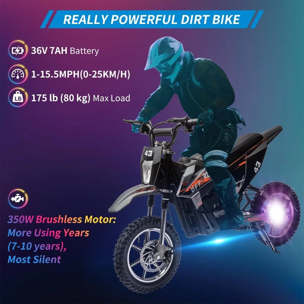 36V Electric Dirt Bike 350W Brushless Motor 15.5MPH Black R953818