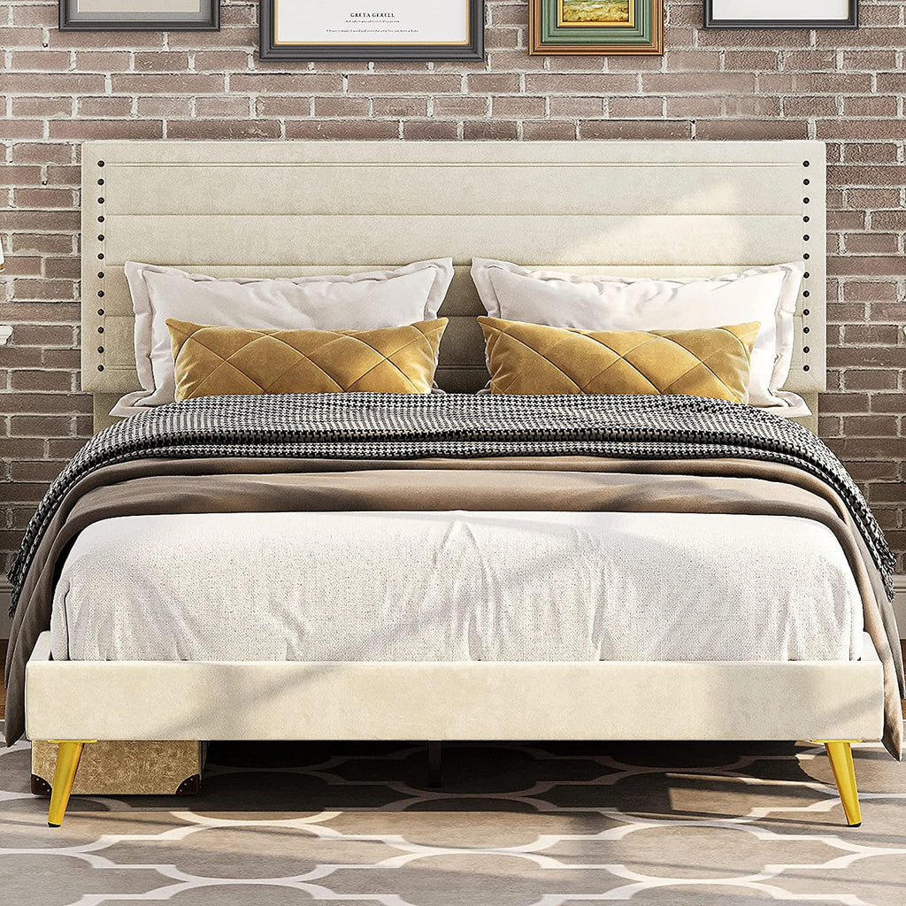 Beige Upholstered Wood Twin Bed Frame Y6238