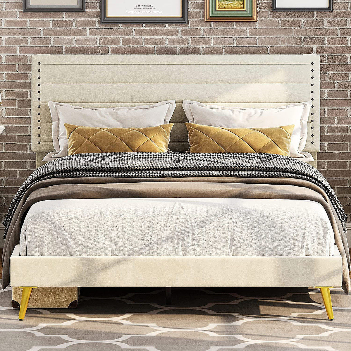 Beige Upholstered Wood Twin Bed Frame Y6238