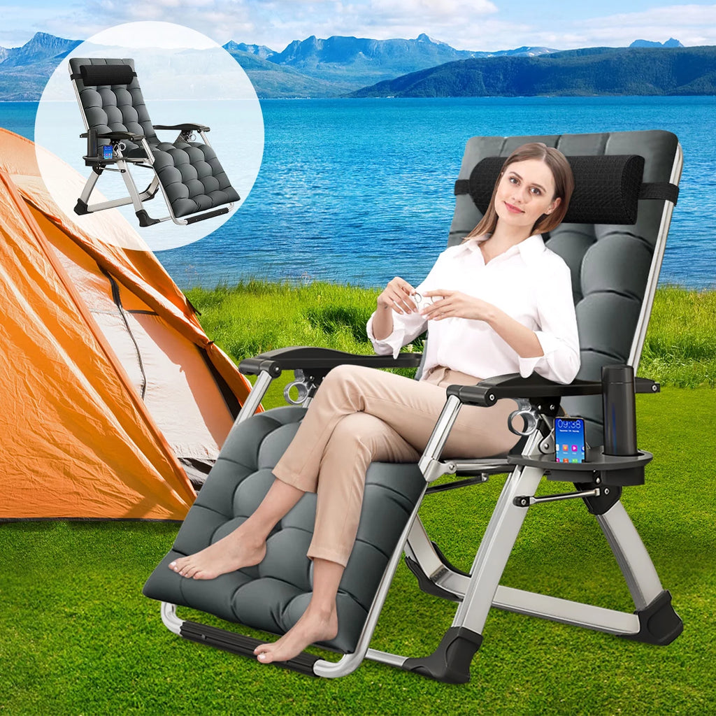 Zero Gravity Chair Set of 2 Gray Folding Recliner with Pillows and Cup Holder F32725