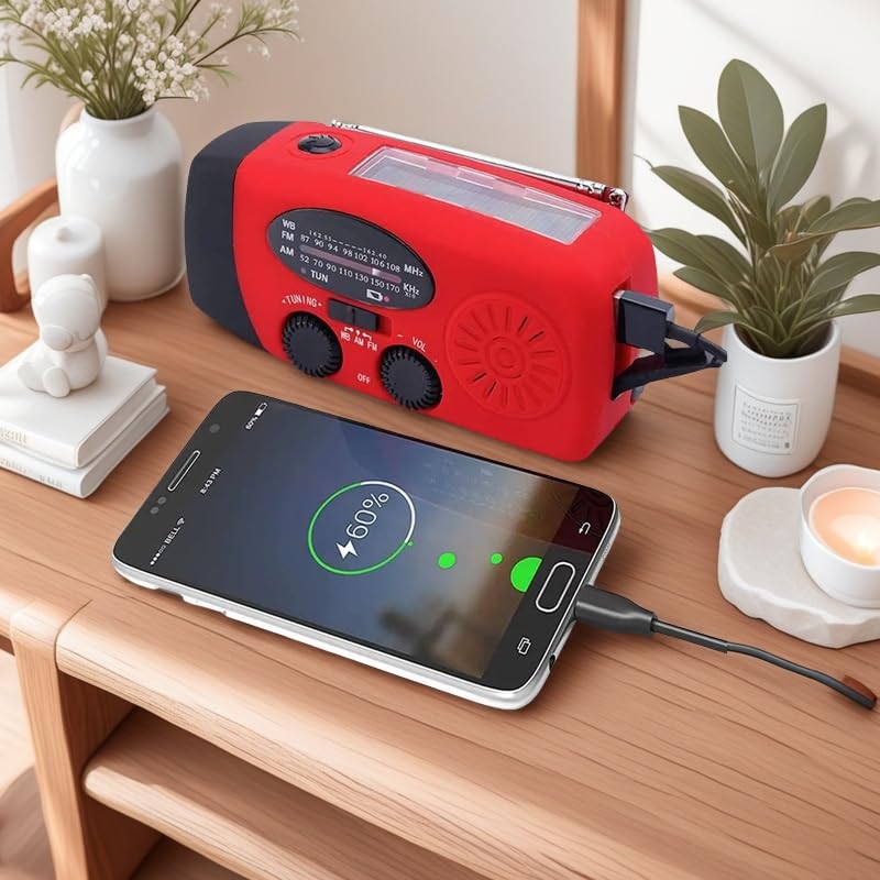 Portable Self-Powered AM/FM/NOAA Weather Radio with Solar & Hand-Crank Charging, LED Flashlight, USB Rechargeable, 2000mAh Power Bank B26922