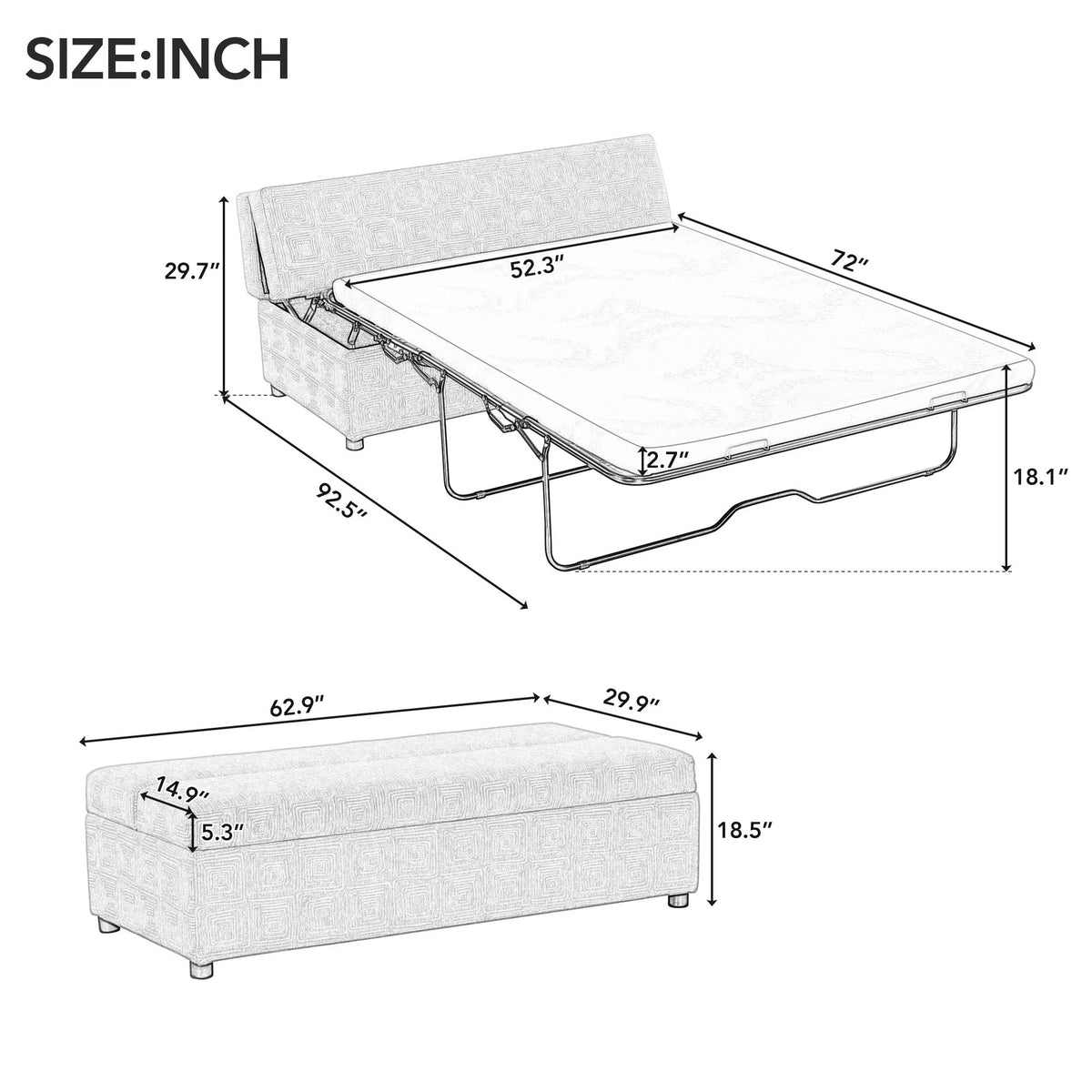 63" Folding Ottoman Sleeper Bed with Mattress, Black & Gray O286