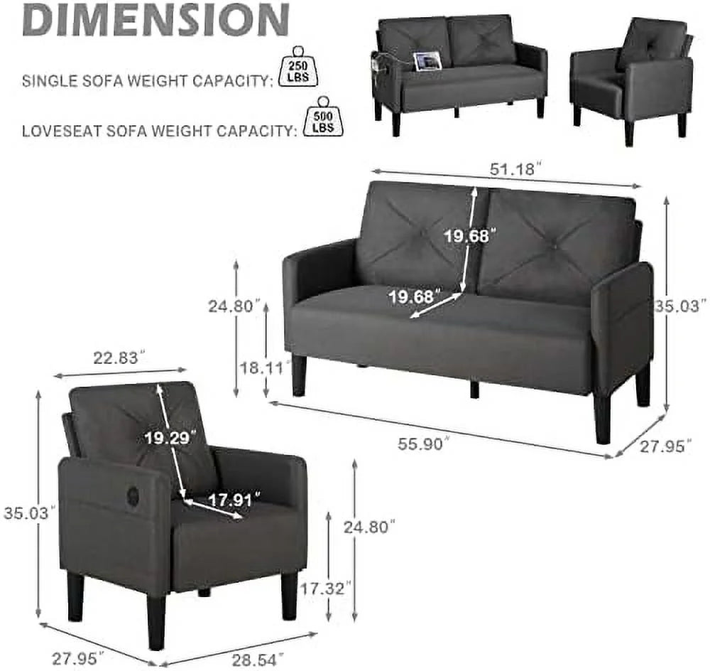 Upholstered Sofa Set with 2 USB Charging Ports W5872