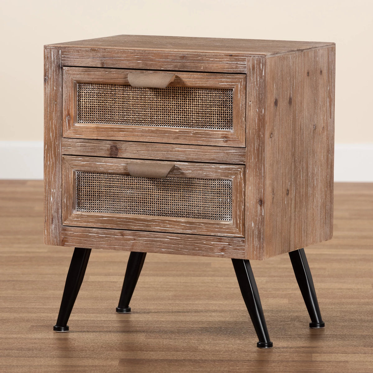 Whitewashed Natural Brown Wood and Rattan 2-Drawer End Table E327746