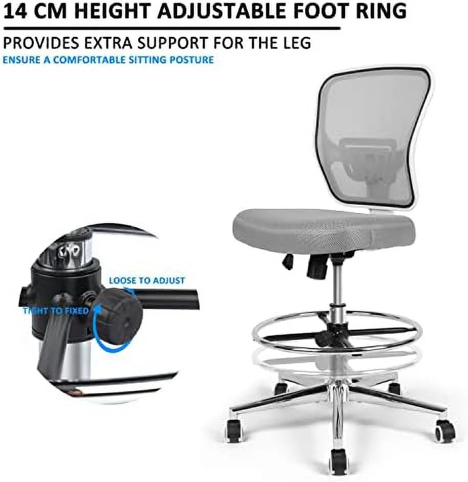 Grey Drafting Chair with Lumbar Support and Foot Ring O729532