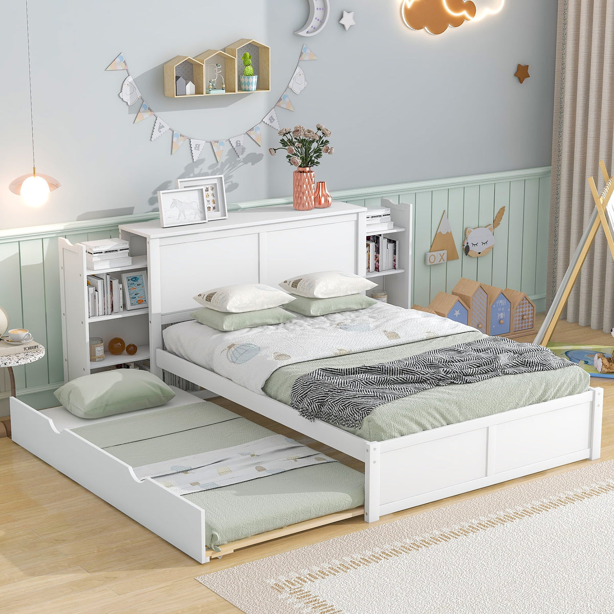White Full Size Storage Platform Bed with Trundle V2799