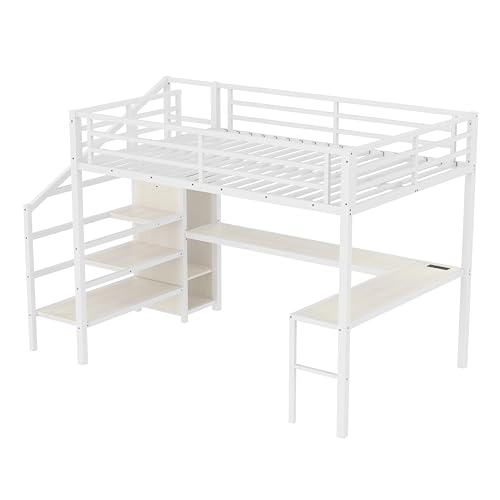 Queen Metal Loft Bed with Desk, Wardrobe, USB Ports, LED Lights, Shelves, White L86483