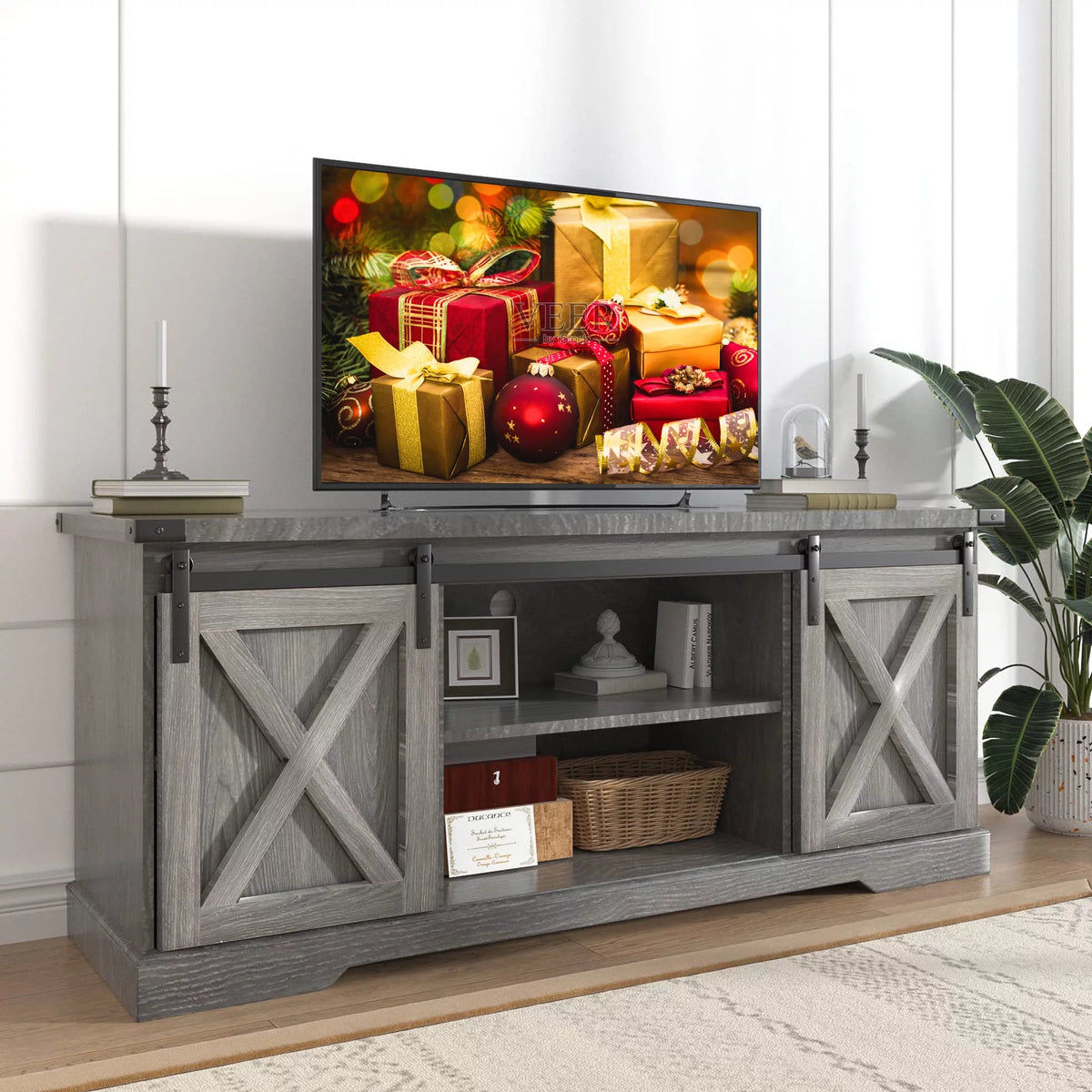 Farmhouse Barn Door TV Stand with Electric Fireplace L888