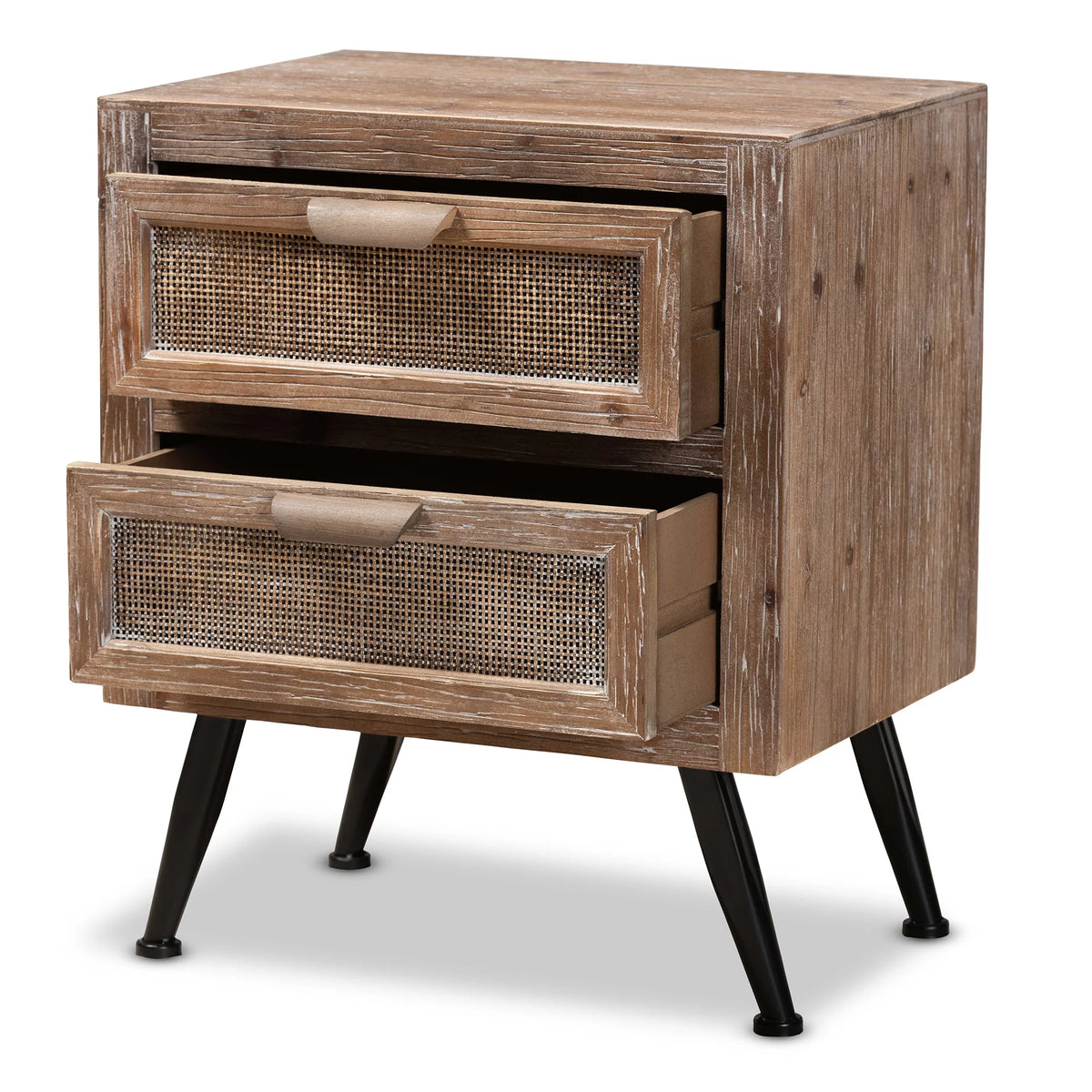 Whitewashed Natural Brown Wood and Rattan 2-Drawer End Table E327746