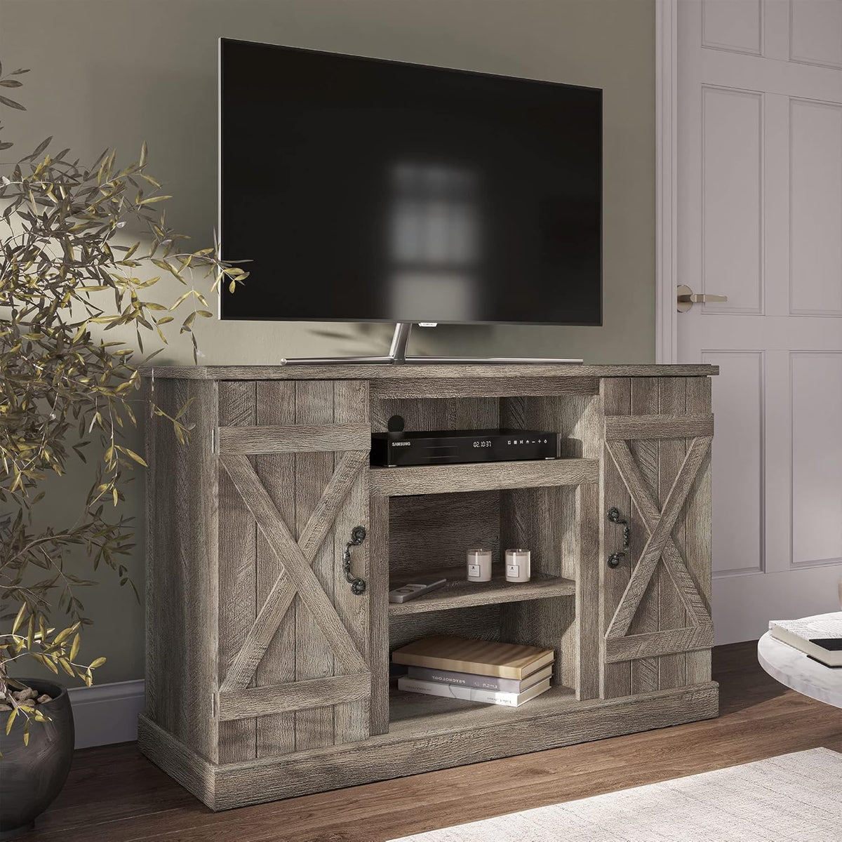 Industrial Electric Fireplace TV Stand with Open Storage Shelves L74166