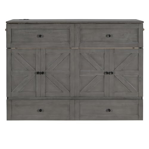 White Full Size Murphy Bed with USB Ports and Drawer Y713