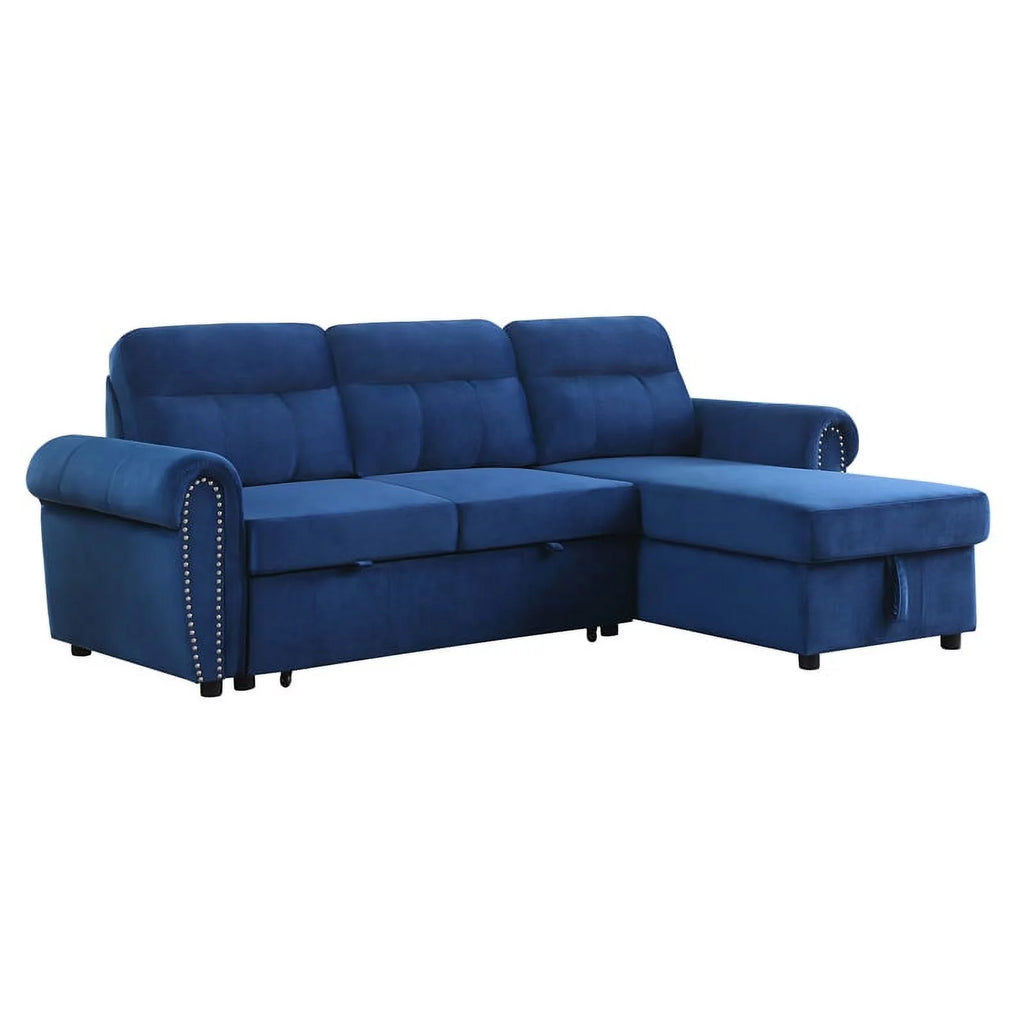 Blue Velvet Reversible Sleeper Sectional Sofa Chaise G74413
