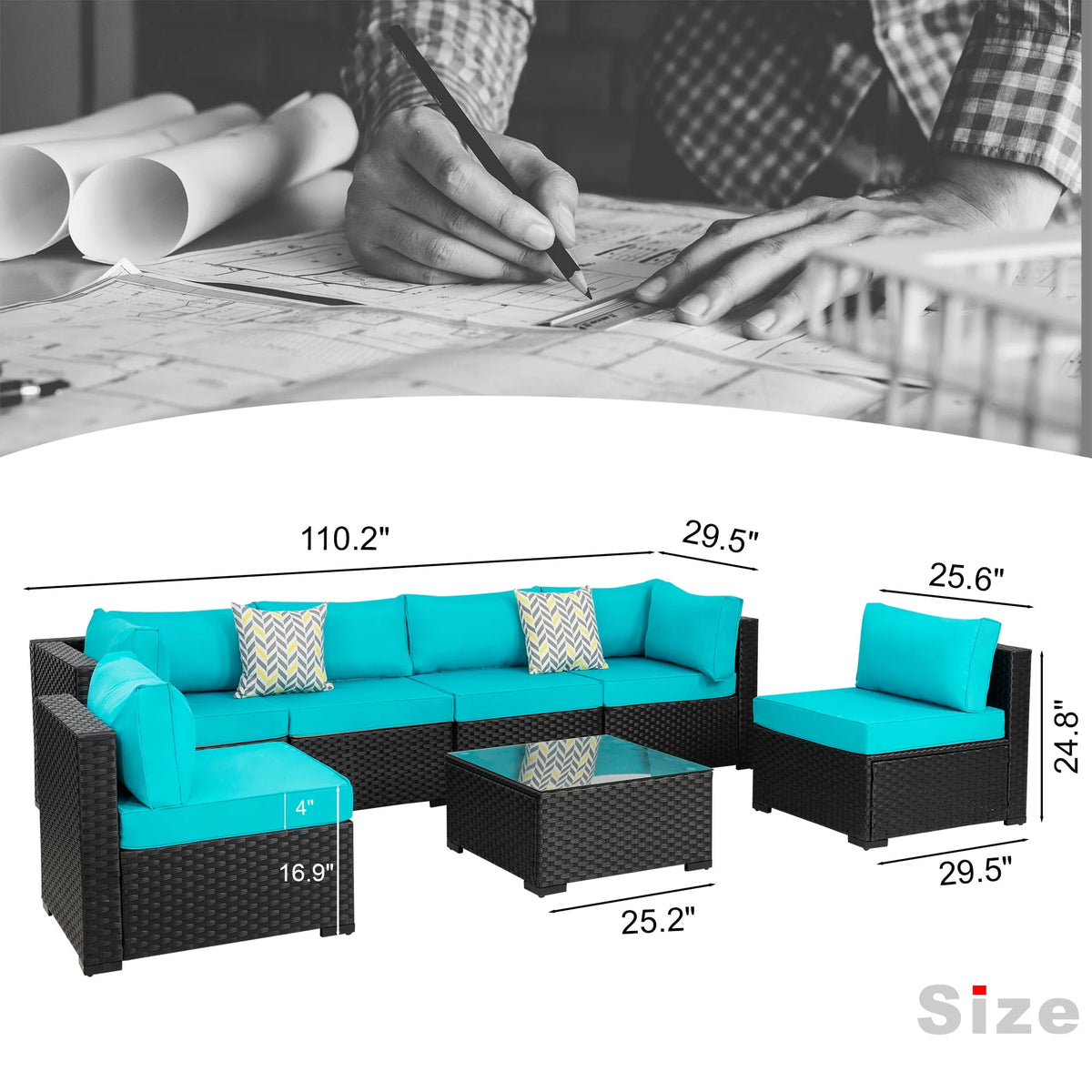 7 Pieces Black Wicker Outdoor Sectional Sofa Set with Tea Table Z22298