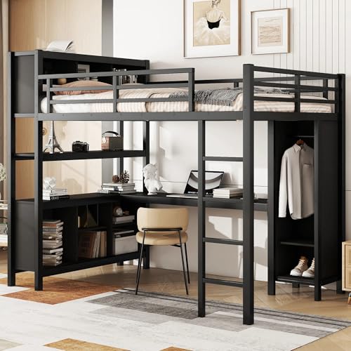 Full Size White Metal Loft Bed with L Shaped Desk and Wardrobe B699