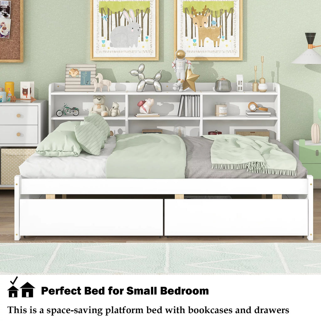 Full Size Platform Bed with Bookcases and Drawers Gray U13631