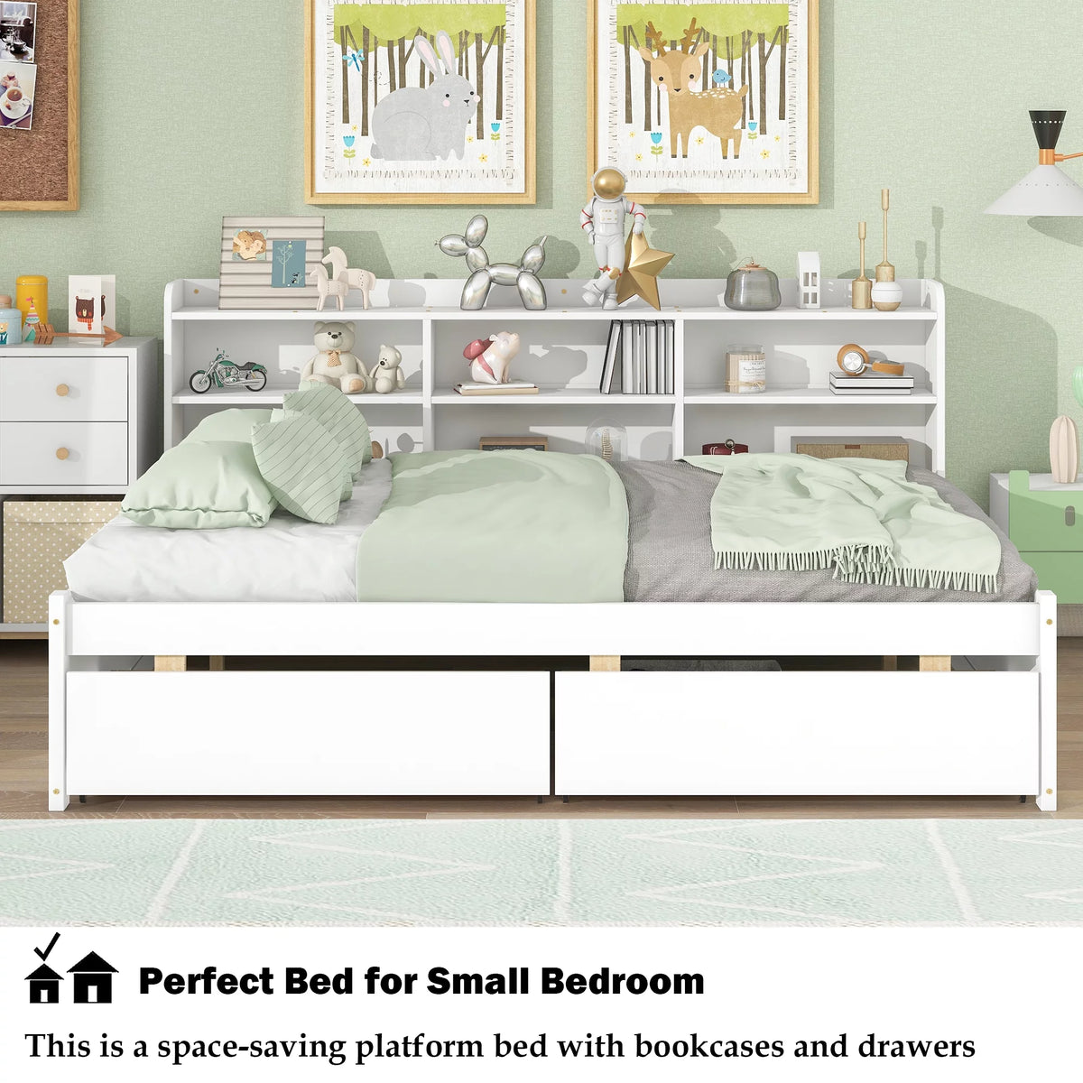Full Size Platform Bed with Bookcases and Drawers Gray U13631