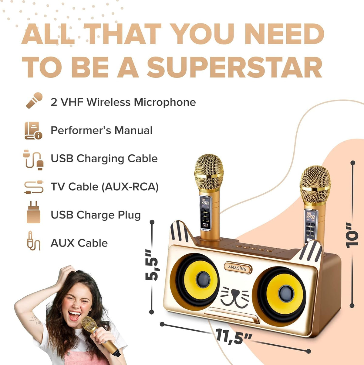 Portable Cat Karaoke Machine with 2 Wireless Microphones O619572