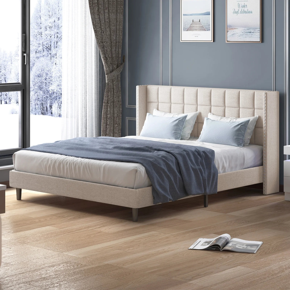 Velvet Wingback Headboard Queen Size Platform Bed Frame R623886