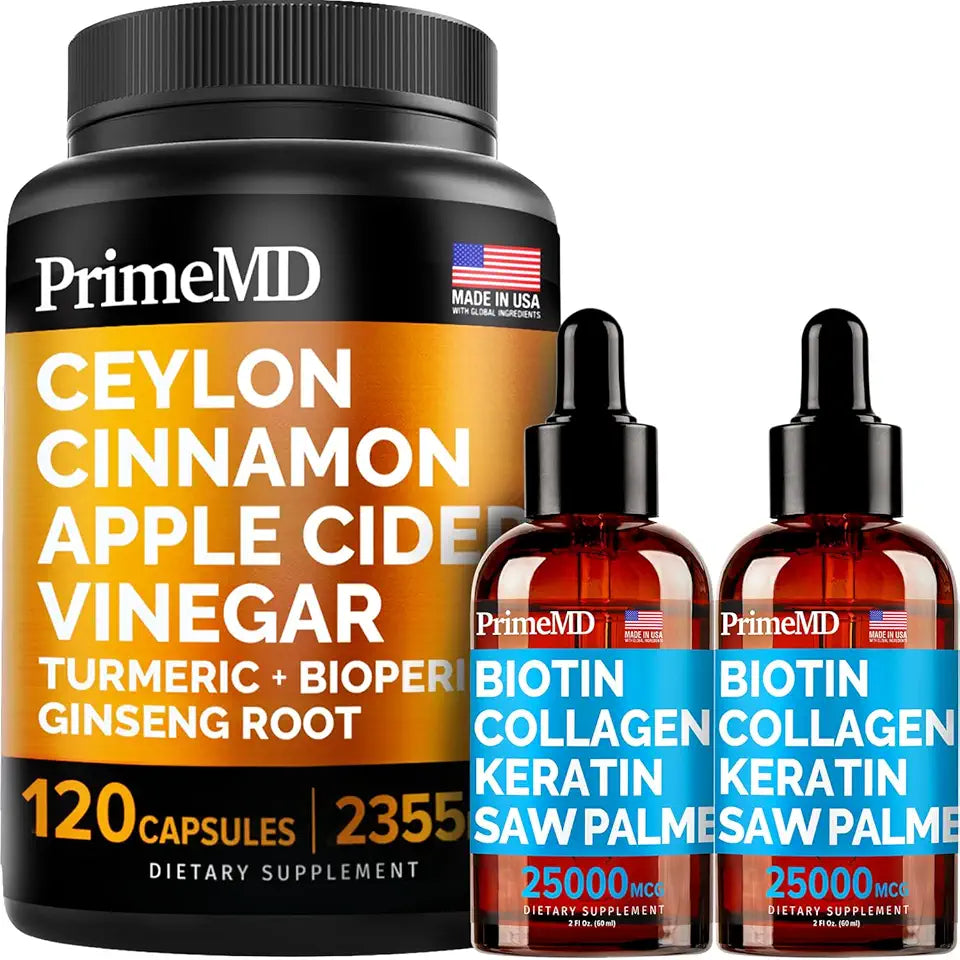 4-in-1 Liquid Biotin Collagen Keratin Saw Palmetto Drops & 5-in-1 Ceylon Cinnamon Turmeric Ginseng Root Bundle H2601
