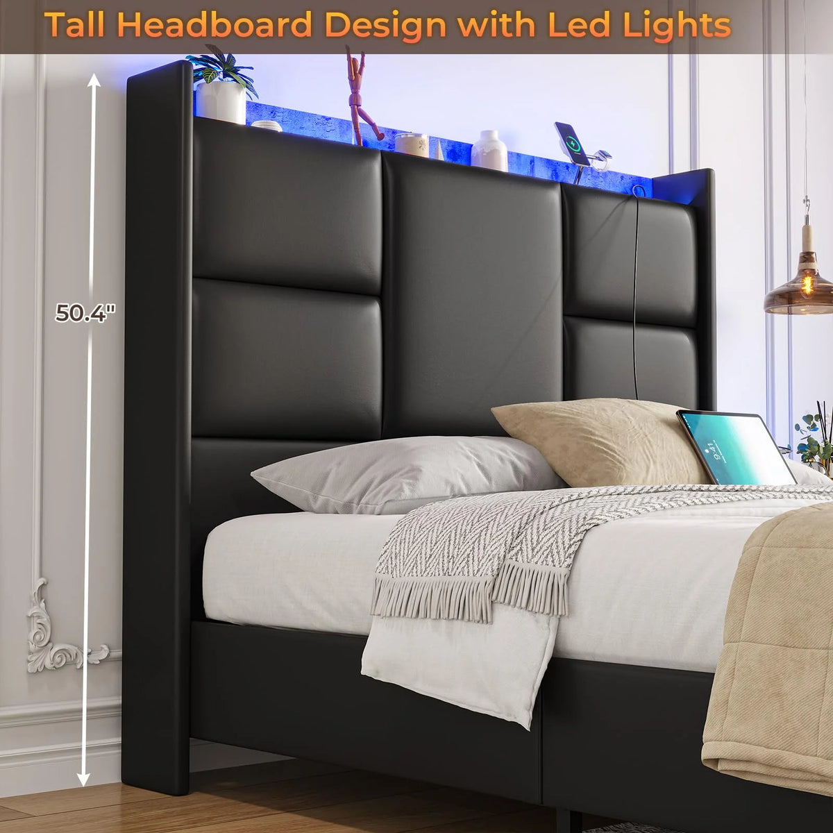 Queen Platform Bed Frame with High Headboard and Charging Station L67645