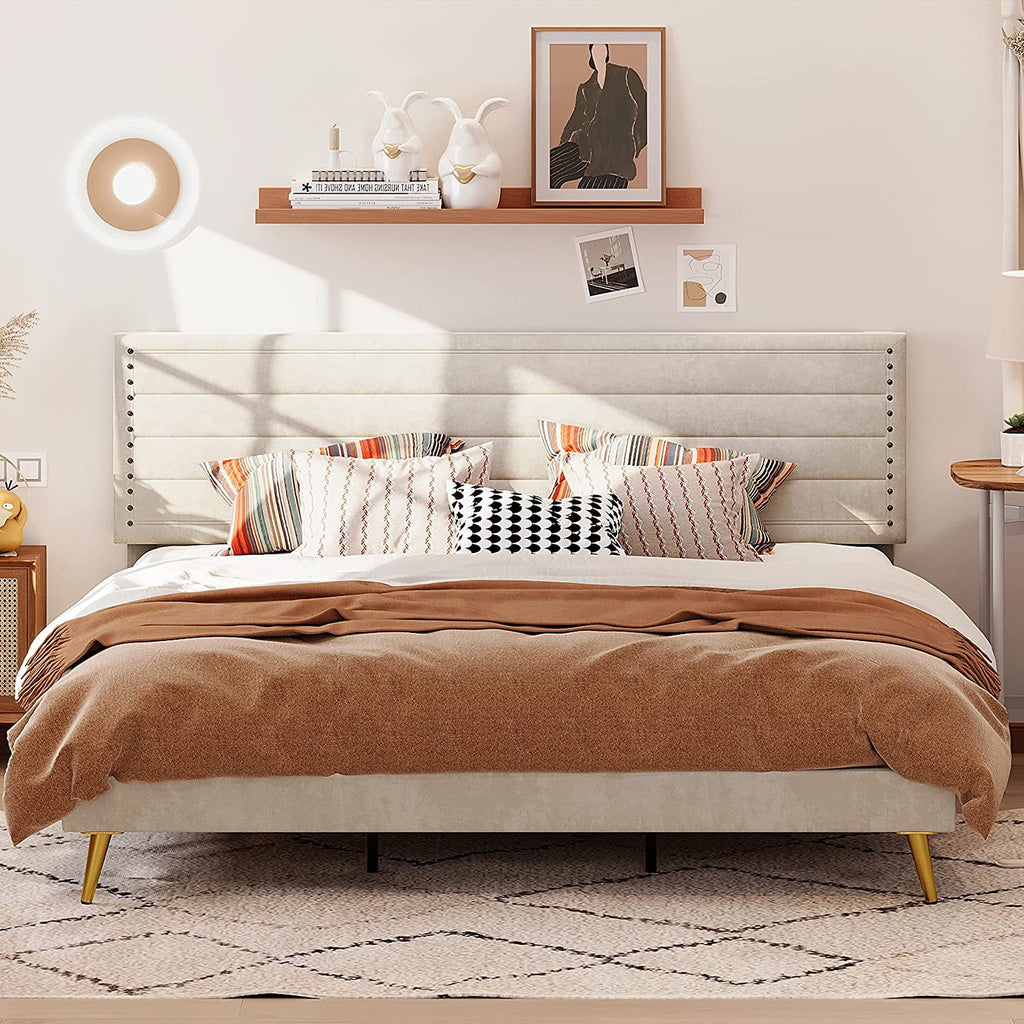 Beige Upholstered Wood Twin Bed Frame Y6238