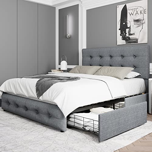 Black Queen Upholstered Platform Bed Frame with 4 Storage Drawers Z80694