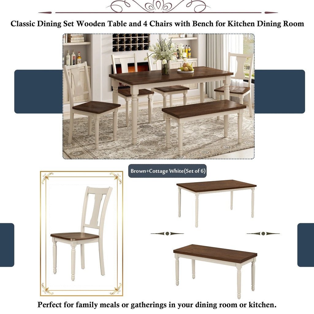 6pc Wooden Dining Set with Table Chairs and Bench D284