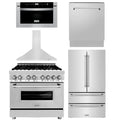 36 Range, Range Hood, Microwave, Dishwasher & Refrigerator Bundle J934480