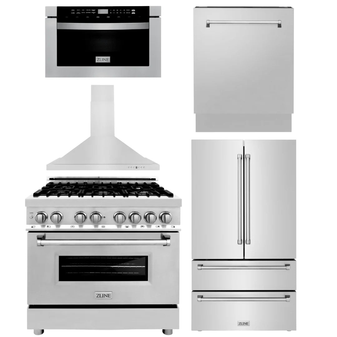 36 Range, Range Hood, Microwave, Dishwasher & Refrigerator Bundle J934480